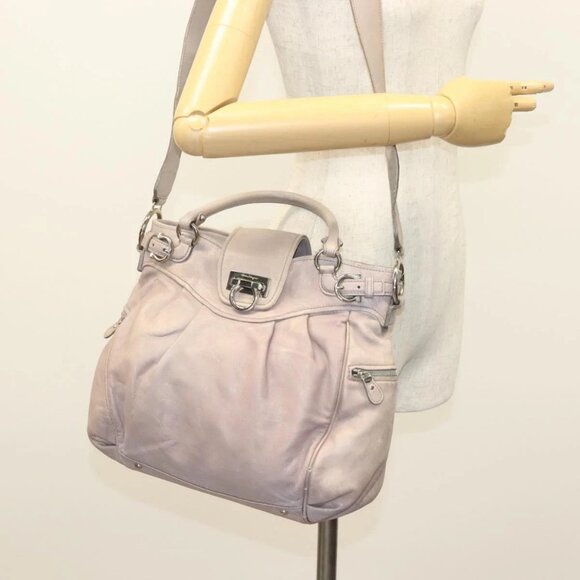 Salvatore Ferragamo Gancini Hand Bag Leather 2way Purple Silver Auth - Picture 1 of 16